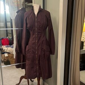 Zip-Front Long Trench Coat in Deep Plum